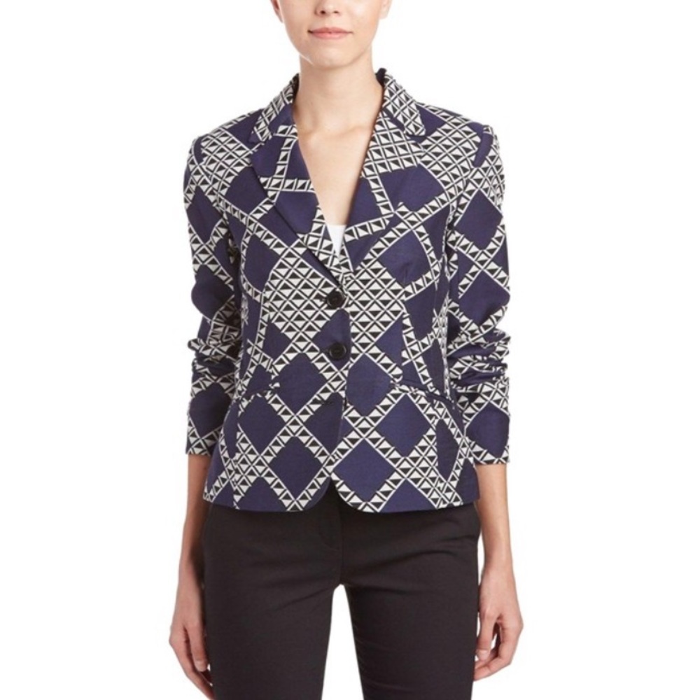 Trina Turk Navy Blue Minty 2 Geometric Pattern Blazer Jacket